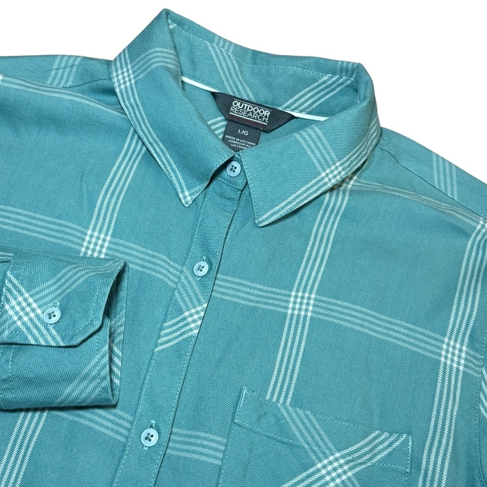 Outdoor Research Cedar Cove Tunic Womens Large Teal Green‎ Plaid Flannel Shirt